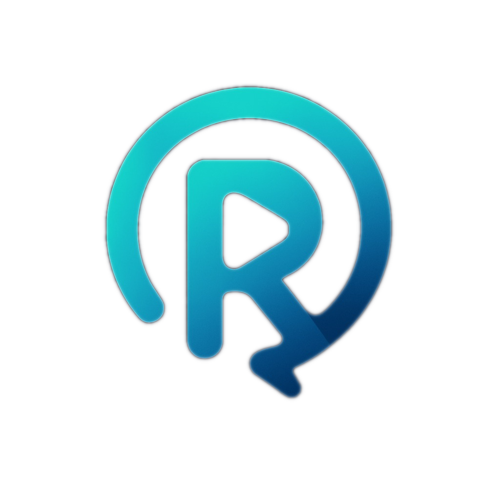Logo Revívelo: Letra R estilizada en degradado azul y teal, con forma de botón de play, rodeada por un círculo abierto del mismo color, sobre fondo oscuro.